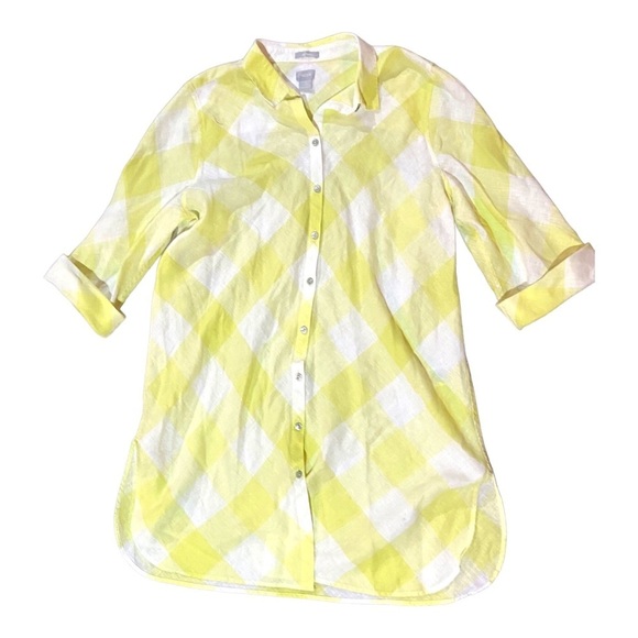 Chico’s 100% Linen Check Button Front Tunic Maxi Top Sz 3 - Picture 1 of 5